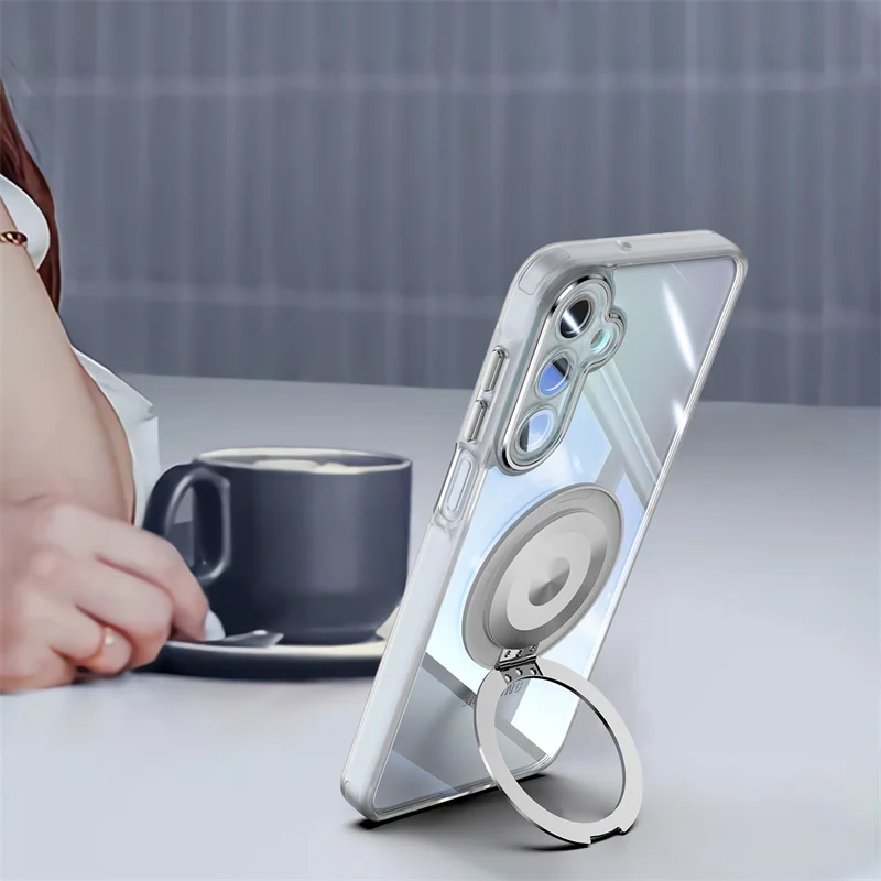 Magnetic Clear Metal Ring Holder Shockproof Phone Case with MagSafe Charging Compatibility