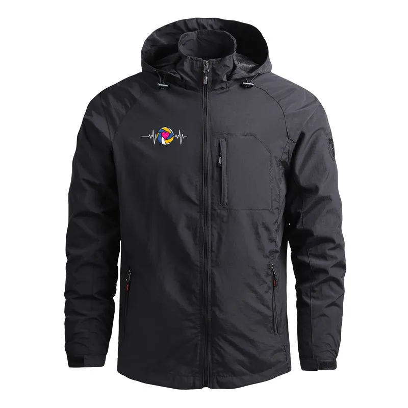

2023 High Quality New Outdoor Military Hooded Zipper Jacket for Men Volleyball Heartbeat Print Multiple Pockets Man Coat Jackets