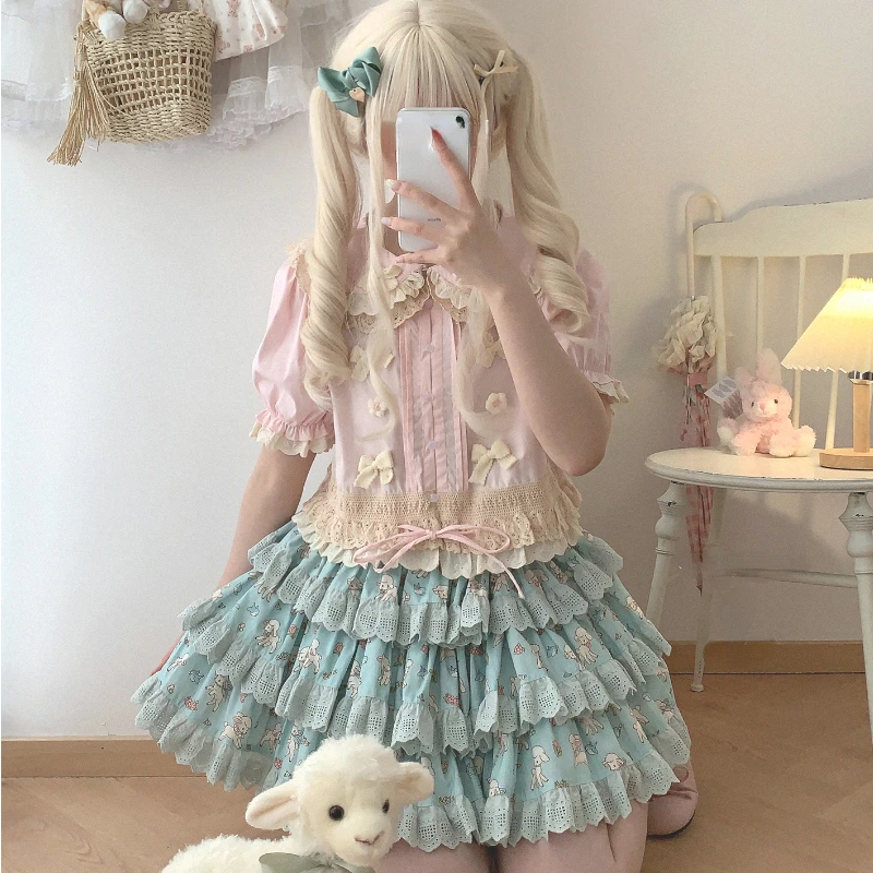 

Sweet Lolita Blouses Women Lace Bow Peter Pan Collar Puff Short Sleeve Shirt Kawaii Drawstring Slim Top Pink White Cute Clothing
