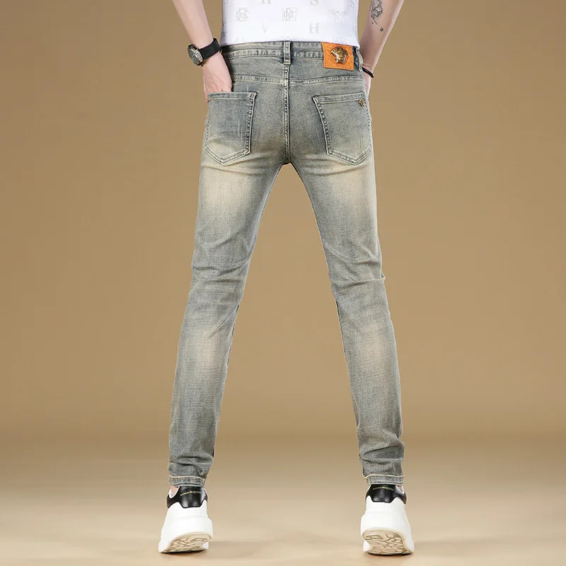 Retro Jeans Men\'s Simple Fashion Brand Slim Fit Skinny High-End Casual All-Match Stretch Worn Looking Washed-out Pants