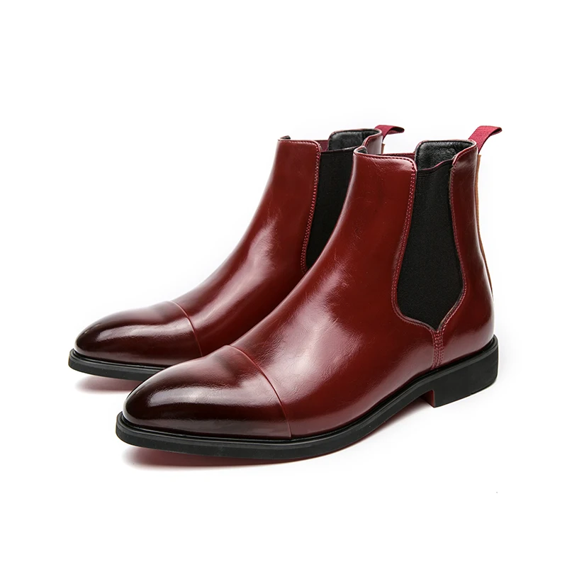 

High-top Leather Men's Chelsea Boots Fashion Red Slip-on Ankle Boots Men Spring Autumn Pointed Toe Waterproof Male Basic Boots