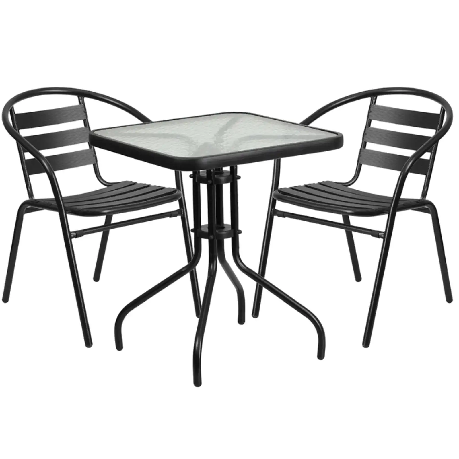 Modern 23.5'' Square Glass Metal Table with 2 Black Metal Aluminum Slat Stack Chairs