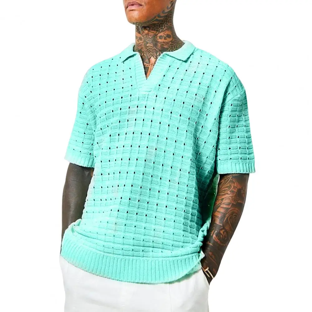 

Chic Pullover Shirt Stretchy Men T-shirt Hollow Out Men Knitting Loose Fit Pullover Shirt Sweat Absorbing