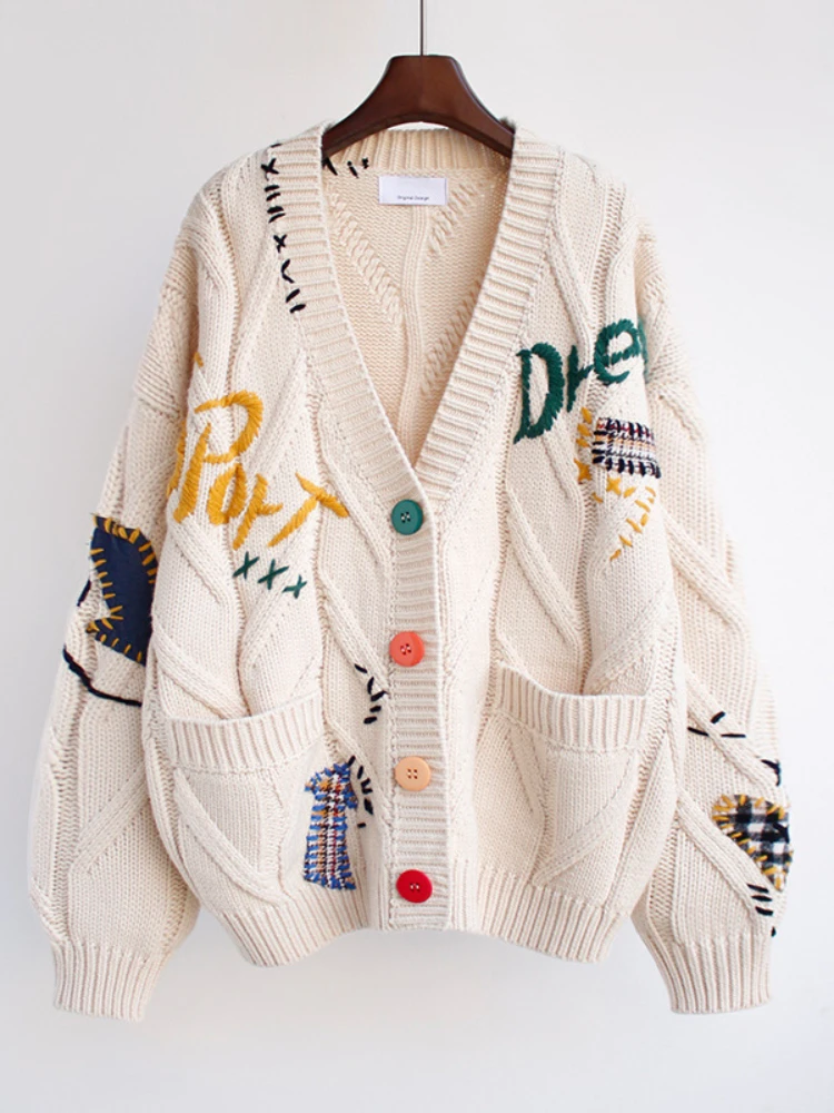 

Sweater for Women 2023 Autumn Winter New Korean Fashion Cardigans Long Sleeve Top Letter Design Loose Oversized Knitted Coat