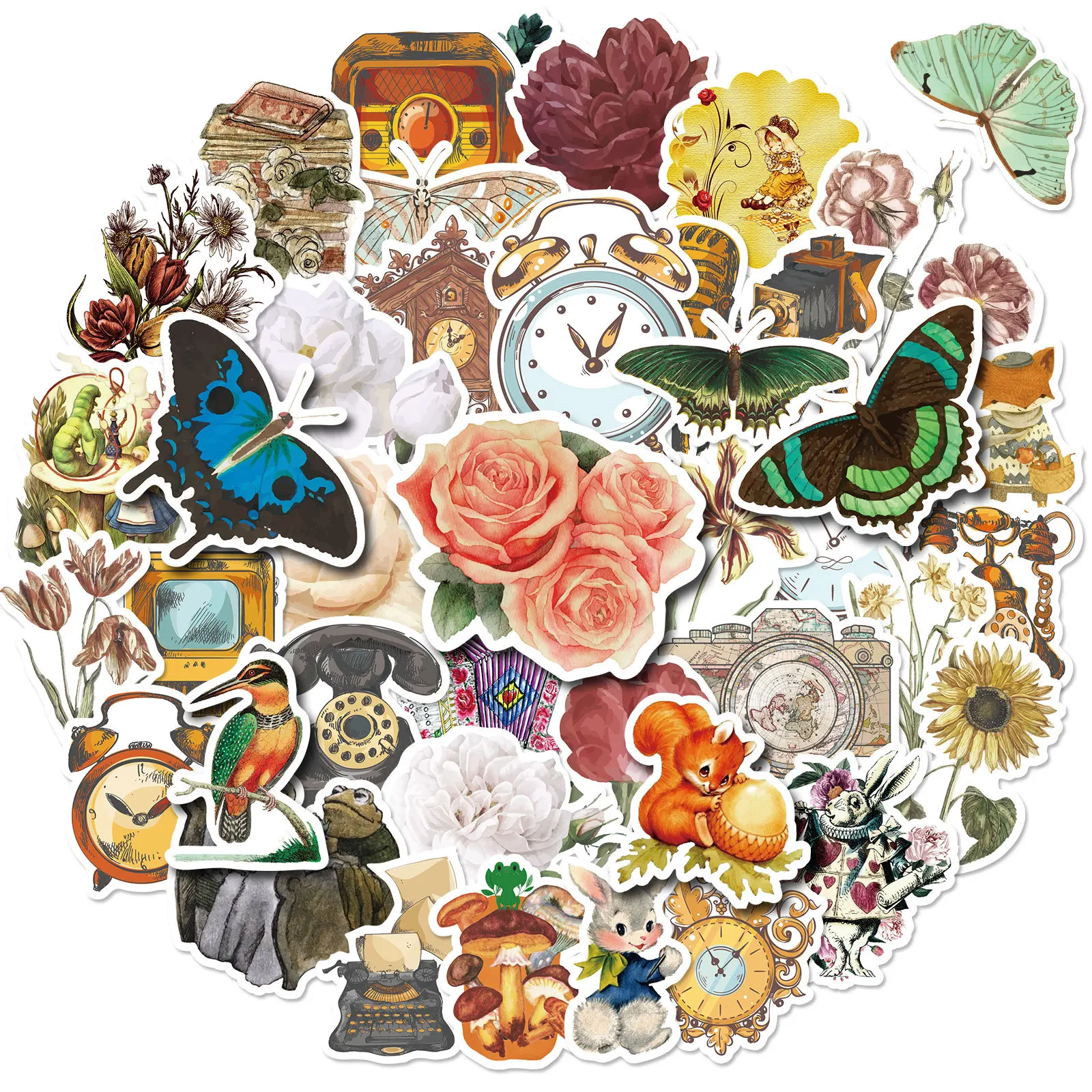 

50 pcs retro hand account series flower stickers literary style flowers plants butterflies animals hand account material sticker