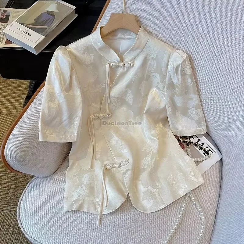 new chinese style disc button short sleeve stand collar cheongsam blouse women summer retro elegant fashion qipao top b71