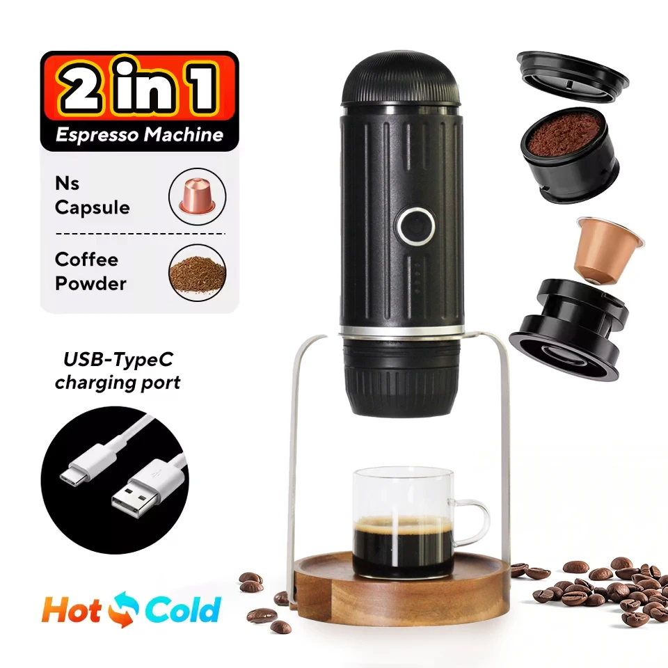 Draagbare Espressomachine, 2 in 1 Mini Elektrisch Reiskoffiezetapparaat, Oplaadbare Koffiemachine Espresso Maker Compatibel met Capsule & Gemalen Koffie voor Reizen Camping Kantoor