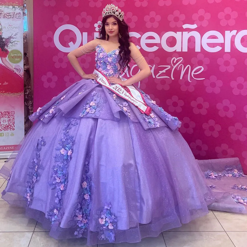

Высокая кутюр сиреневое 3D Цветы оборки бальное платье Quinceanera платье с открытыми плечами кружевные аппликации корсет с кристаллами Sweet