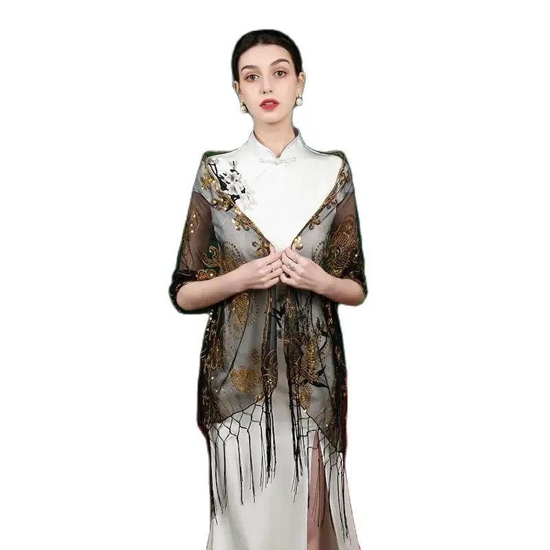 

Elegant Embroidery Evening Dress Party Shawl Women Glitter Sequin Mariage Wraps Boleros Shrugs Women Tassel Wedding Shawls Cape