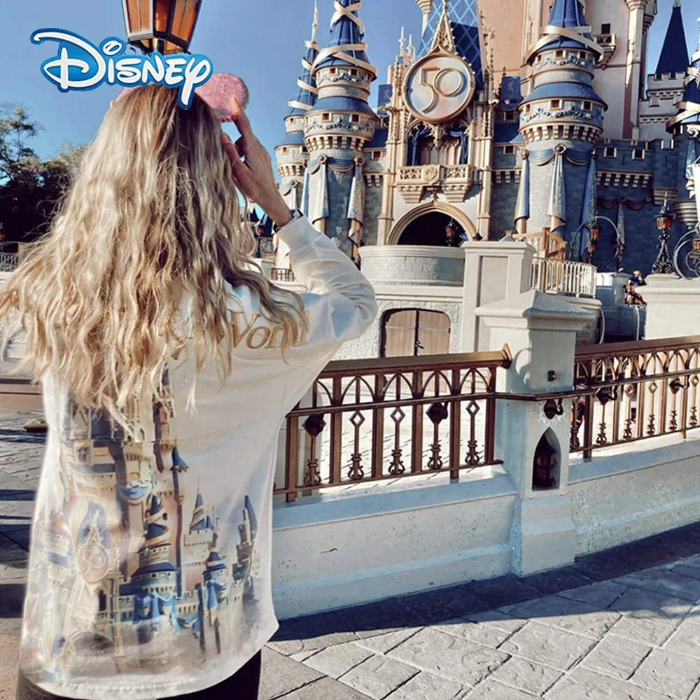 Disney-Sudadera con capucha de Mickey Mouse para mujer, suéter informal de  manga larga con cuello redondo y letras sueltas, con diseño del castillo