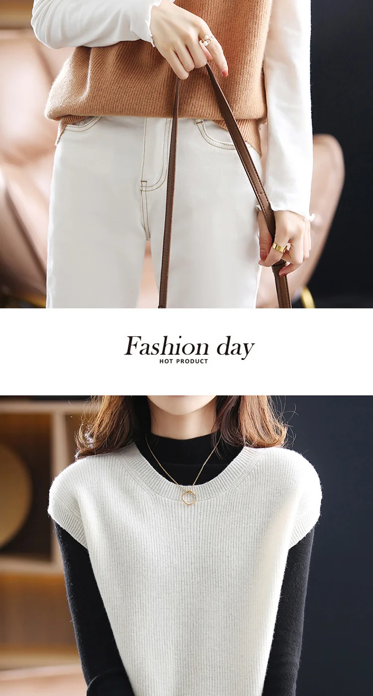 Fashion Casual Spring Autumn 100% Wool Sweater Knitted O-neck Sleeveless Pullover Vest Loose Cashmere Sweater Tops brown sweater