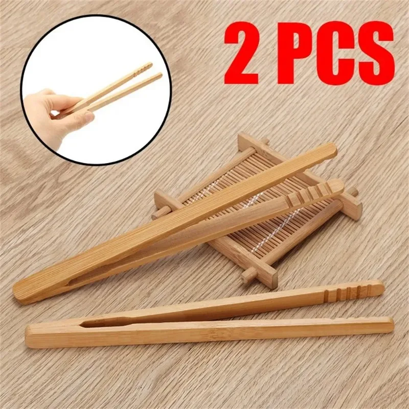 

New 2Pcs 18cm Bamboo Wood Wooden Food Toast Salad Tongs Toaster Bacon Sugar Ice Tea Tong Tea Clips Teaware For Kitchen