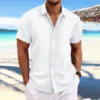 Summer 2024  Men's Loose Casual Trend Solid Color Cardigan Stripe Jacquard short-Sleeved Shirt 1