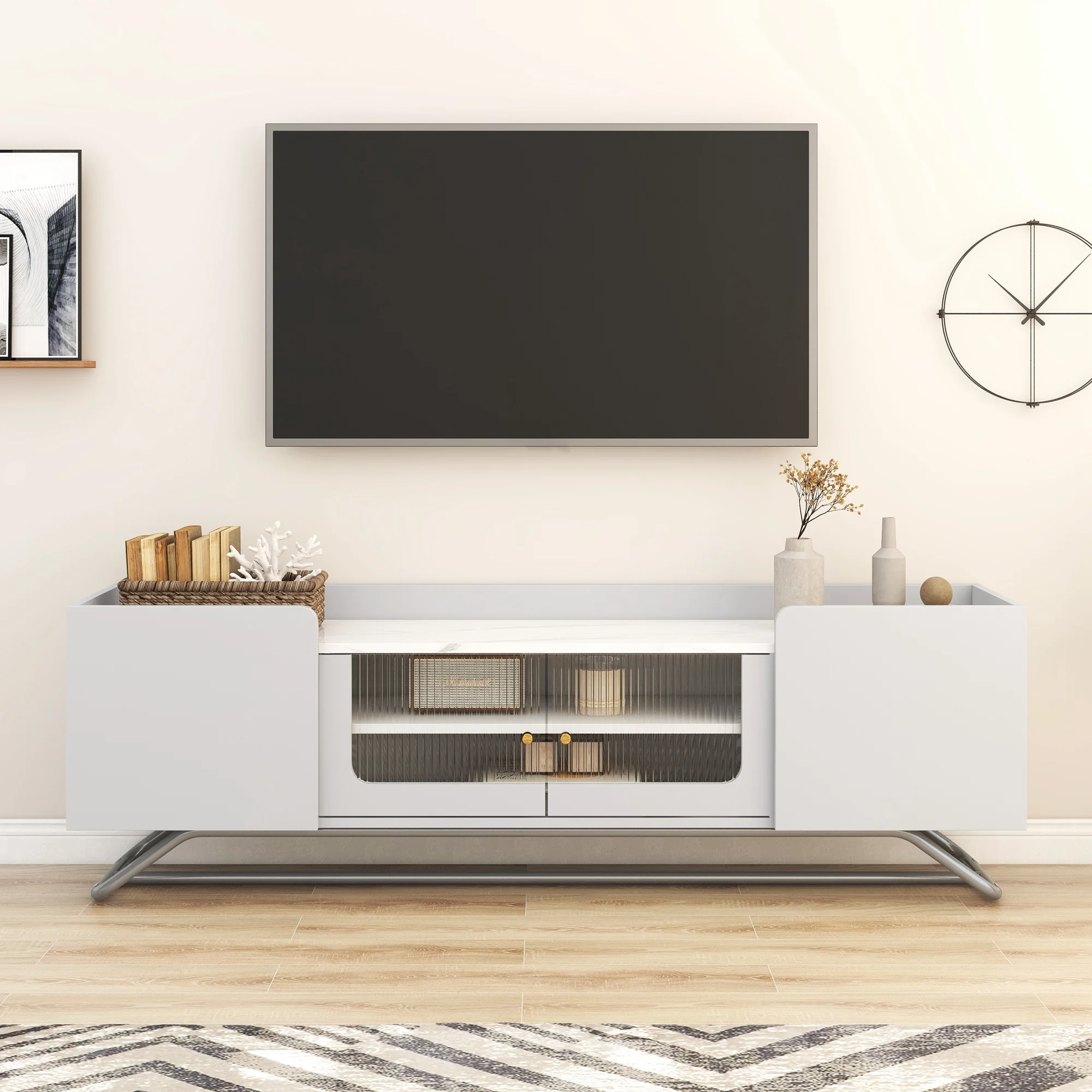 Mobile Tv, Bellissima Porta In Vetro. Piano Del Tavolo In Struttura In Marmo Lucido, Con Ripiano, Con Parete, 150X30X47 Cm. Bianco.