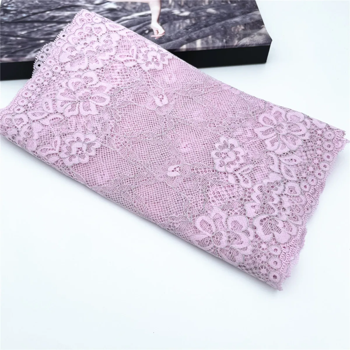 3y/lot 24cm Pale Pink Silver Stretch Lace Fabric 2