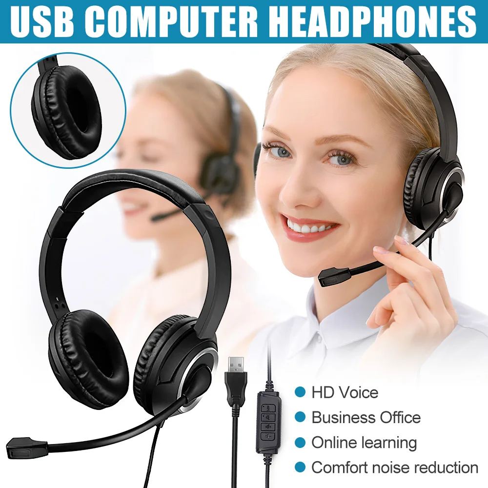 Wired USB Noise Cancelling Over-Ear Headset, Call Center, Fones de ouvido com microfone, Gaming Headsets, Computador, PC, Laptop