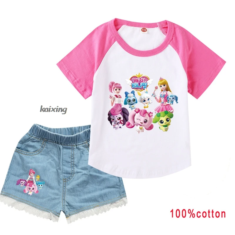 Lovely Catch Teenieping Children Outfits Summer Suits Jeans Shorts+Short Sleeve Tee Sweatshirt Clothes Teens Girl Tracksuit Sets 2