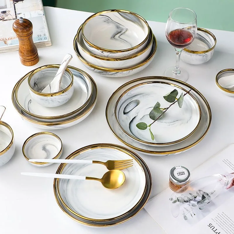 New Double-sided Gilt Rim Gray Marble Pattern Porcelain Dinner Tray Kitchen Plates Ceramic Food Dishes Rice Salad Noodles Bowl