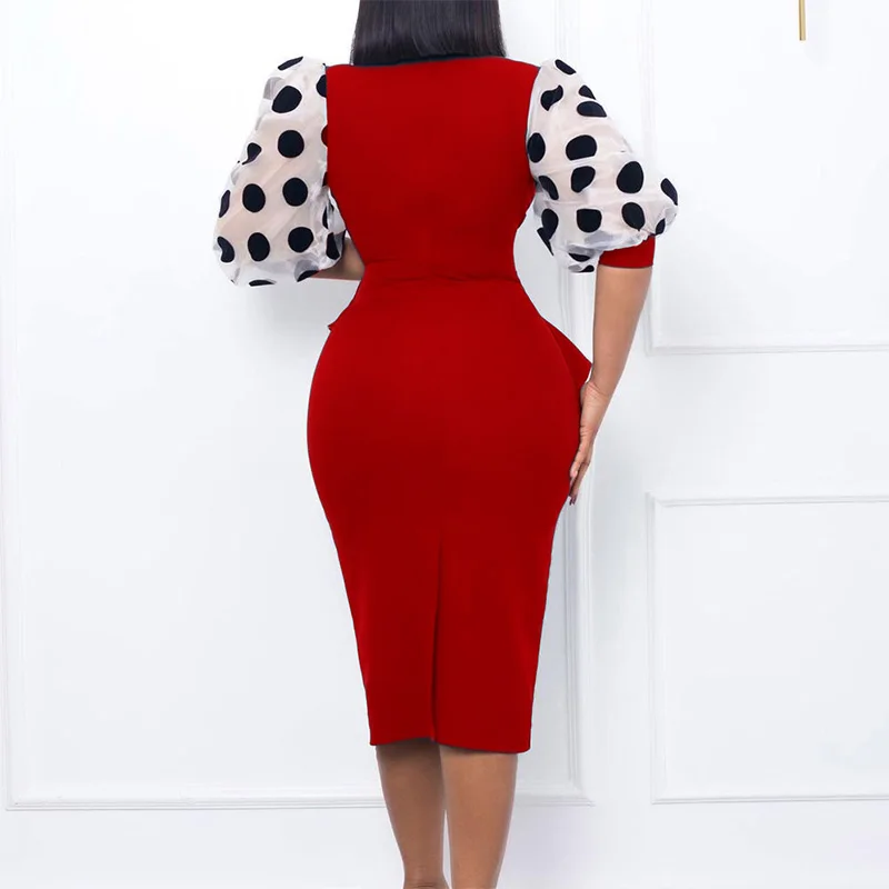 Elegant Plus Size Polka Dot Patchwork Net Yarn Bubble Half Sleeve Midi Dress V-Neck High Waist Pullover Slim Pencil Skirt Women