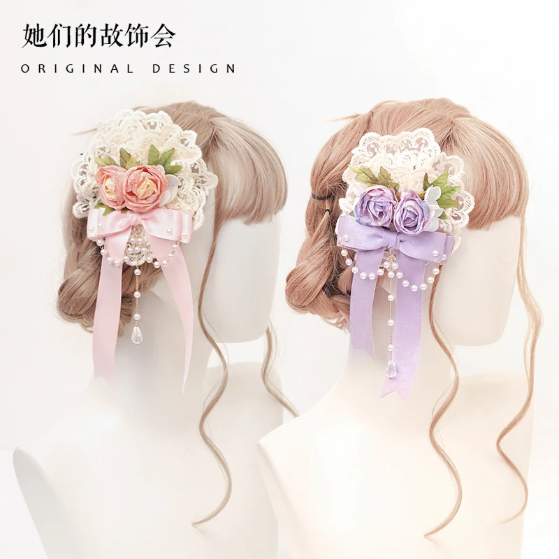 

Аксессуары для волос "Лолита", оригинальные большие цветочные шарики ручной работы, кружевная цепочка с жемчугом, нежный милый розовый бант, ювелирные изделия