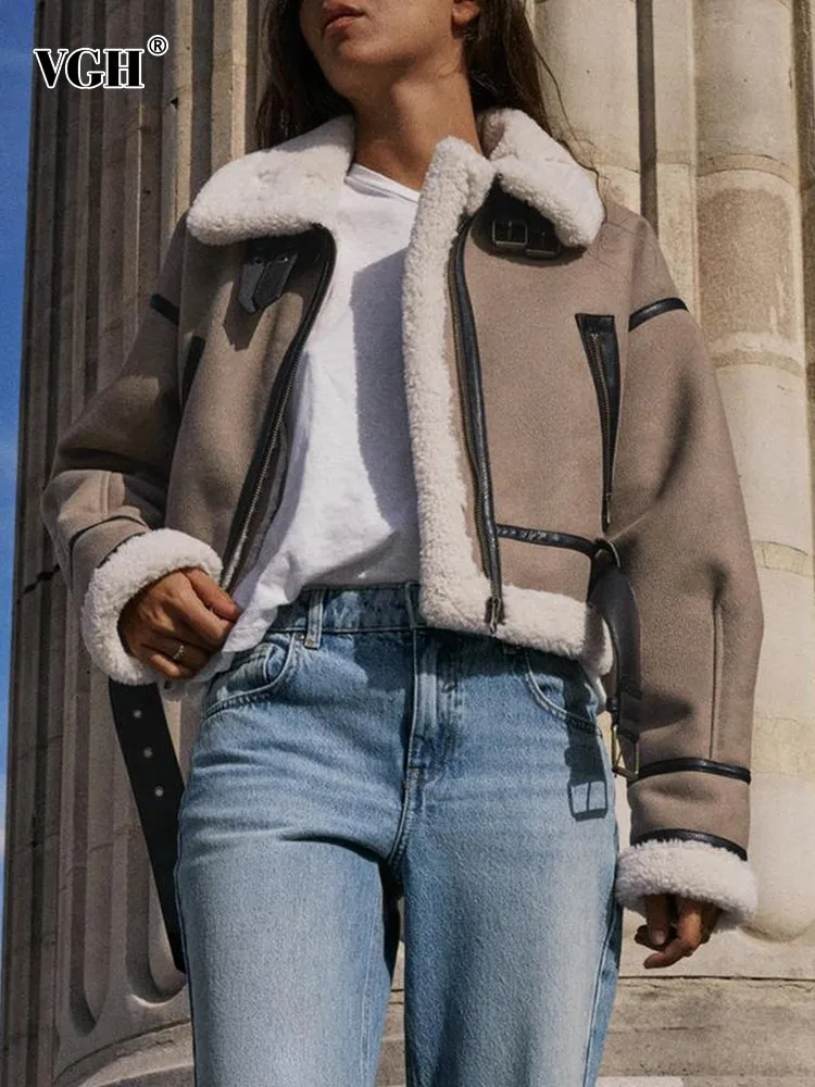 

VGH patchwork lambswool hit color casual loose jackets for women lapel long sleeve spliced belt minimalist short jacket female