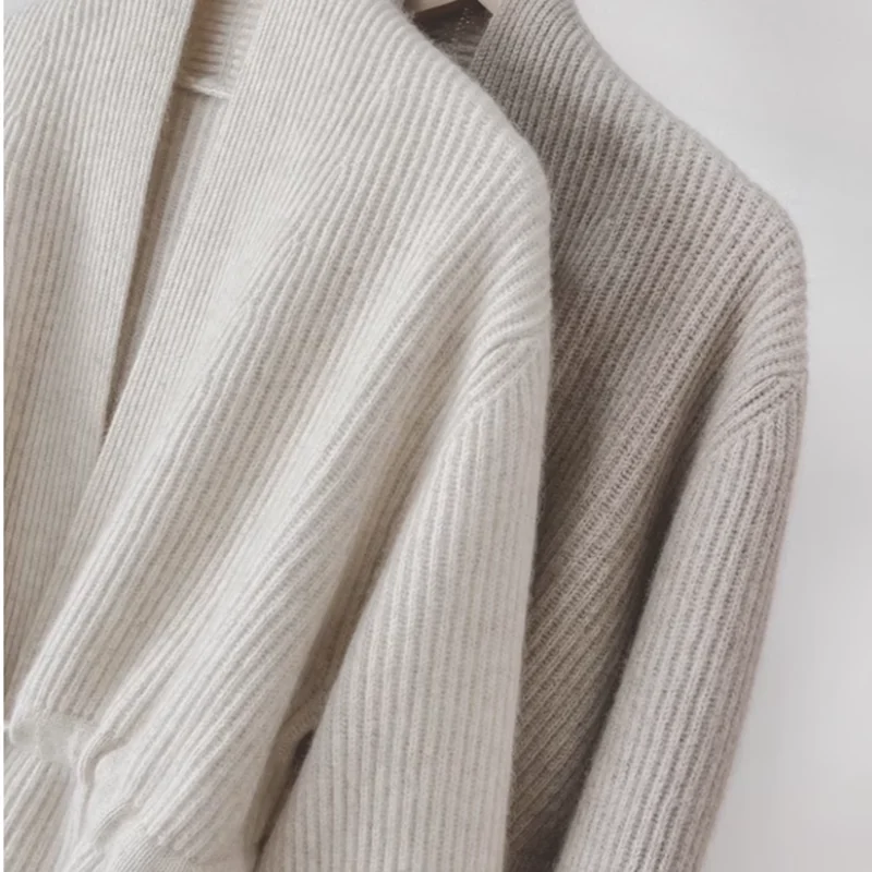 100% wool cardigan women's loose jacket for autumn and winter, mid to long style with tie up and waist cinching knit sweater 5