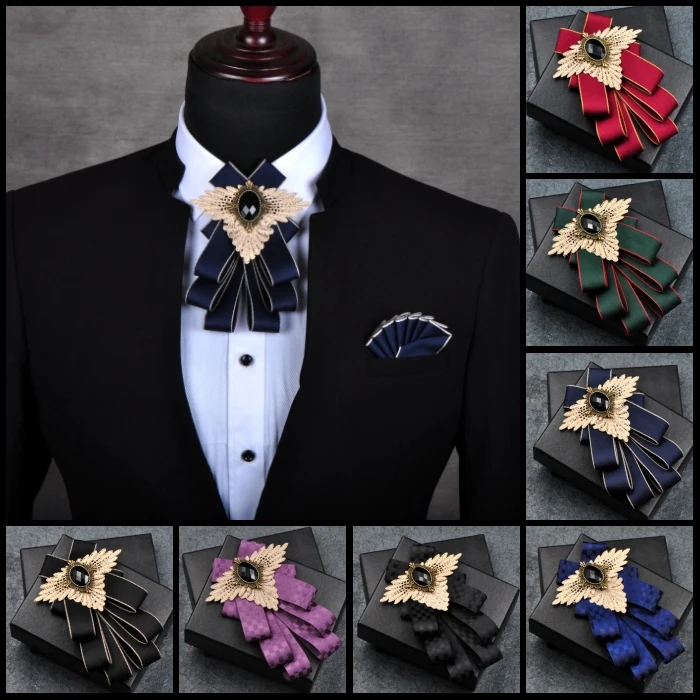 New Handmade Ribbon Brooch Bowtie Bow Tie Vintage Rhinestone Elegant Jewelry Collar Pin Cravat Wedding Accessories Pocket Square