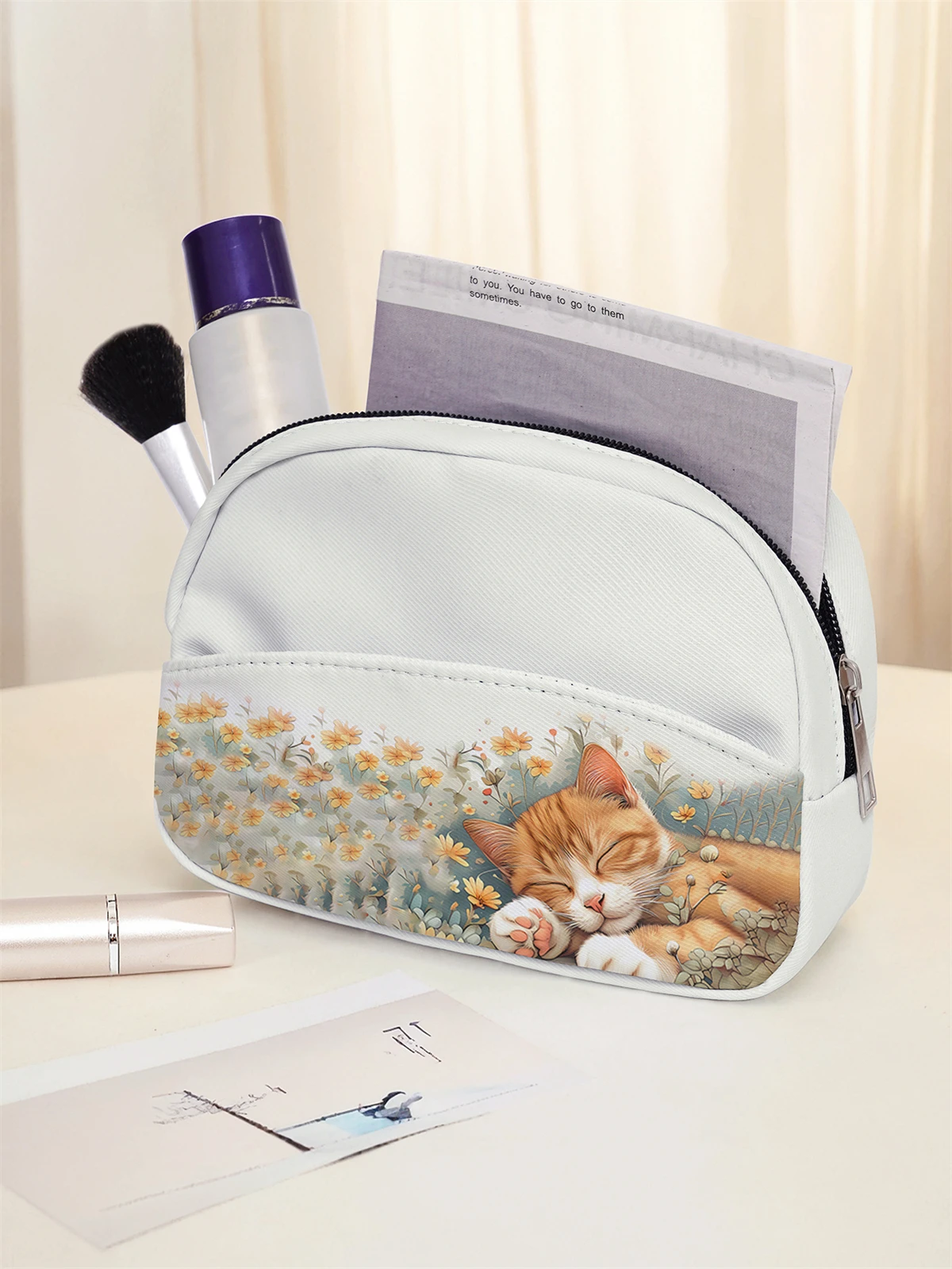 Cute cat pattern printed makeup bag, multi pocket design, portable toiletry bag, lightweight, suitable for travel and outings