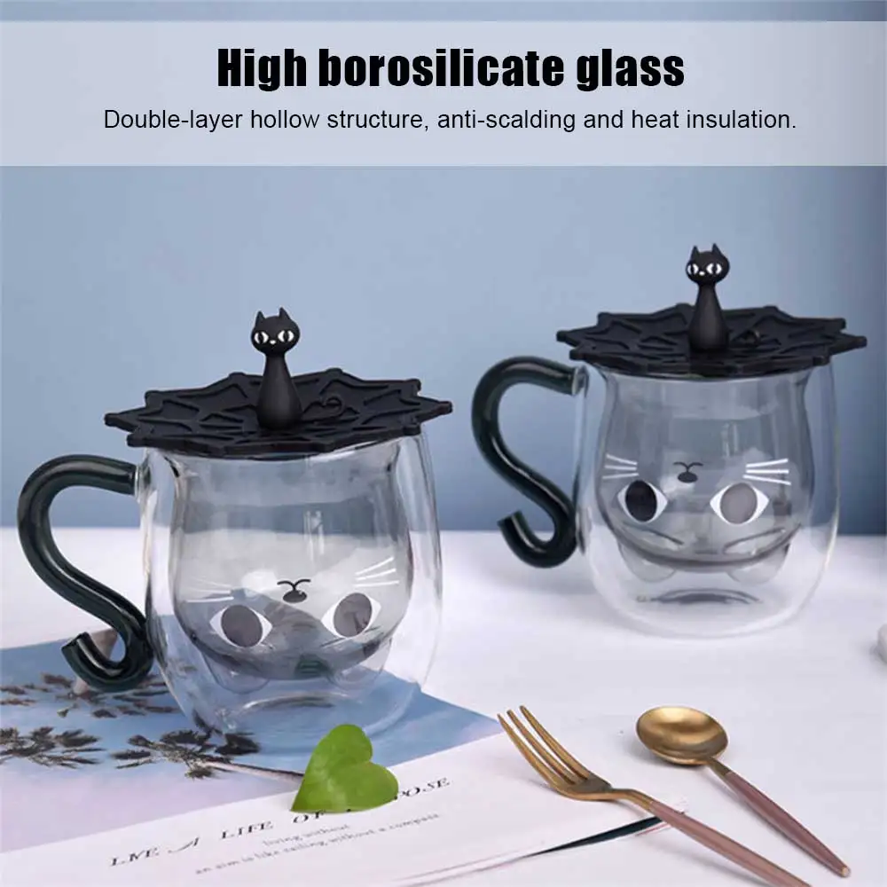 Glass Water Cup Double Wall Glass Cup Double Wall Glass Milk Juice Cup Creative Cute Cat Shape Coffee Mug Cartoon Couple Teacup with Cover Household Office Drinkware