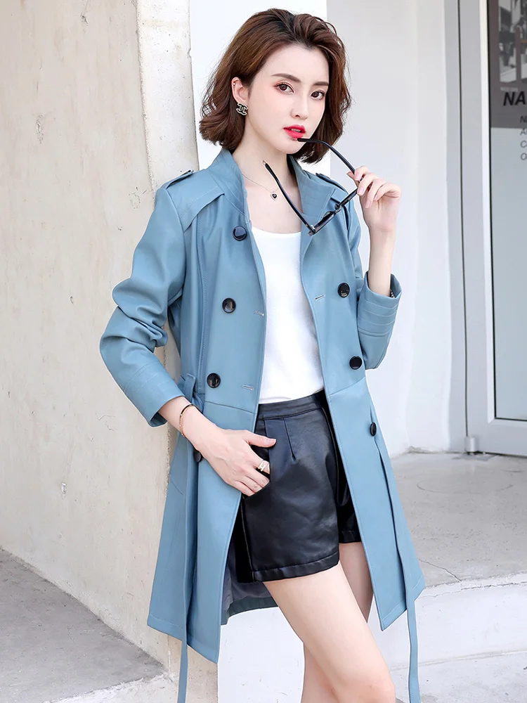 New Women Sheepskin Trench Coat Spring Autumn Fashion Stand Collar Slim Long Split Leather Tops Coat Casual Leather Outerwear