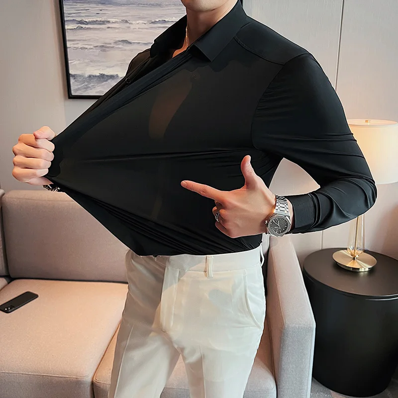 

Plus Size 4XL-M High Elasticity Seamless Shirts Top Quality Men Long Sleeve Slim Casual Luxury Shirt For Men Clothing Tuxedo