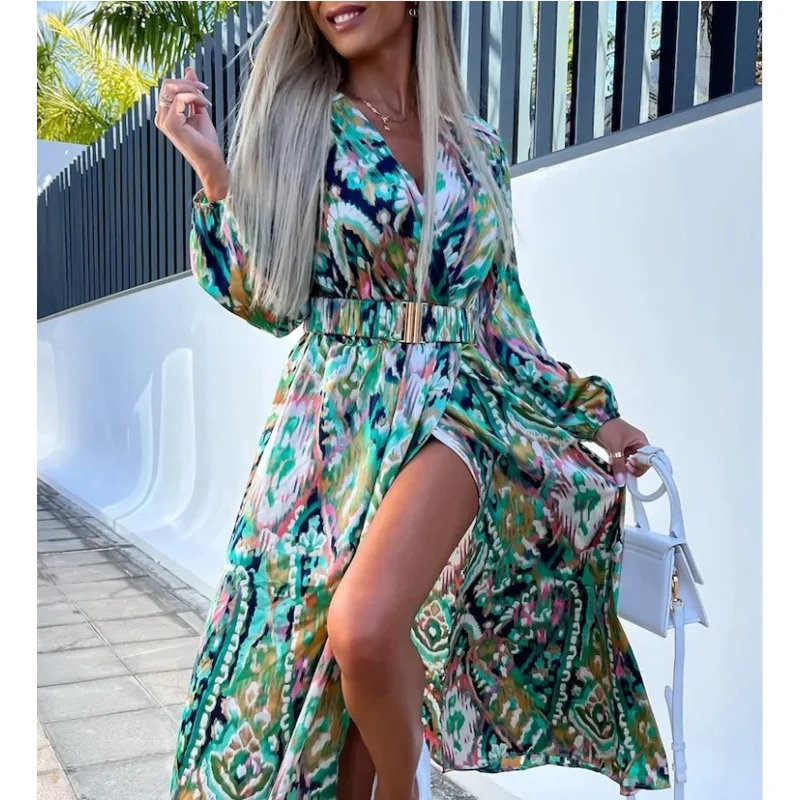 

Summer Elegant Tie Dye Printed Split Dress with Belt Women Street Retro Dress