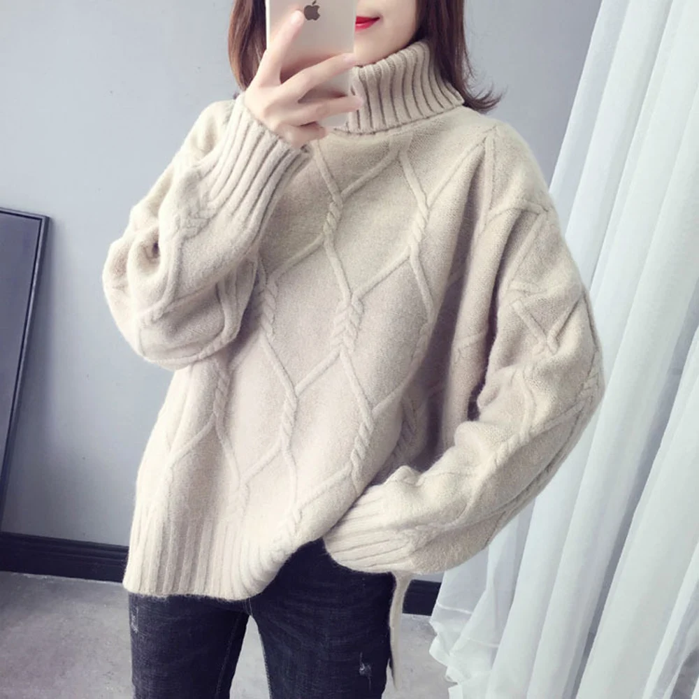 Women Geometrical Knitted Sweater Casual Turtleneck Pullover