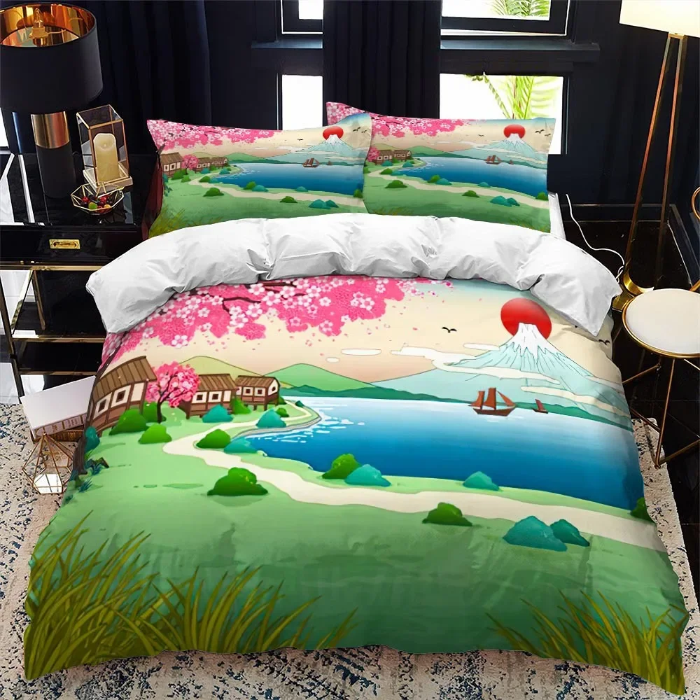 Japanese-Style Duvet Cover Set King Queen Full Size Ukiyo-e Theme Wave Pattern Polyester Bedding Set Fuji Mountain Exotic Style