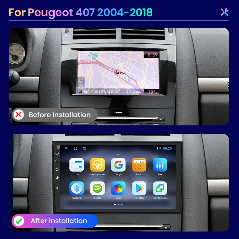 Para Peugeot 407 2004-2011 CarPlay inalámbrico para Apple Android Auto Radio GPS IPS RDS FM WiFi BT 4G 8Core Multimedia estéreo 2