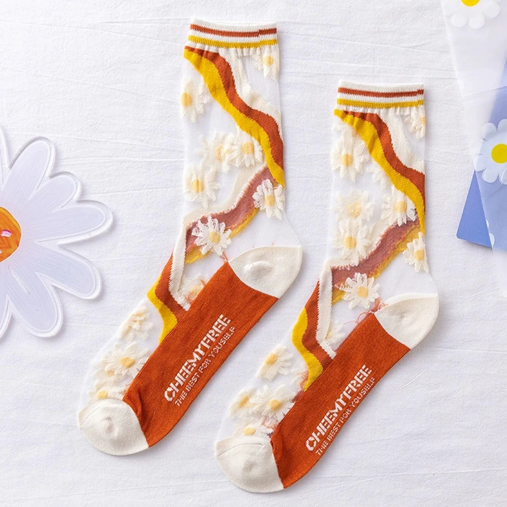 5 Paare/paket frauen Mitte Der Wade Spitze Trim Baumwolle Mesh Atmungsaktive Dünne Glas Seide Kristall Kleine Blume Rebe socken Dropship – Detail 5