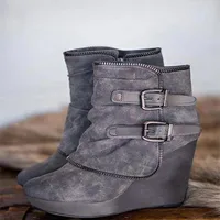 2025 Modern High-heel Boots for Women Ankle Wedges Suede Ladies Shoes Splicing Fake Zip Belt Buckle Height Increasing Daily Wear 2