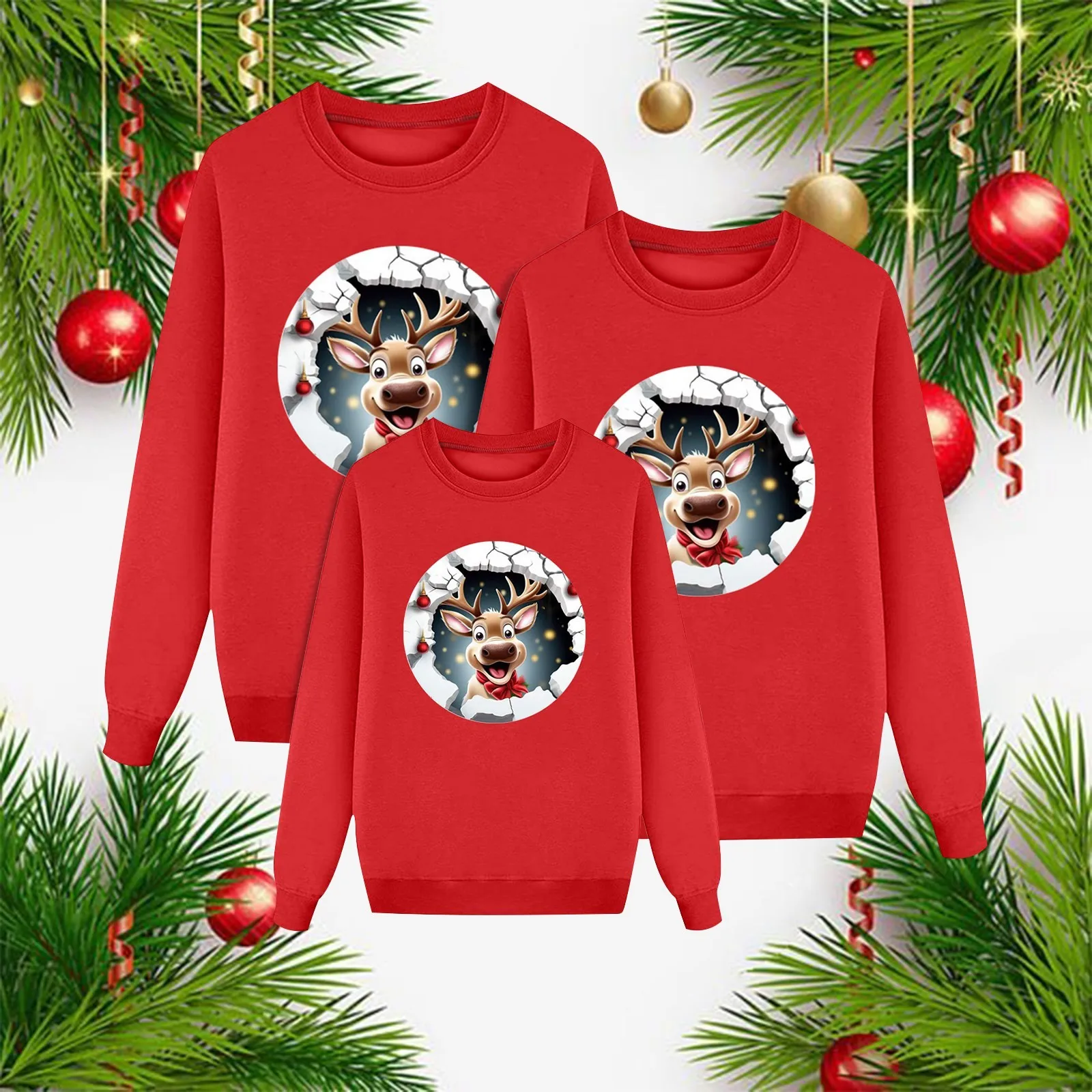 thumbnail image 2 of Suéter familiar con estampado de ciervos navideños, conjunto informal a juego con dibujos animados para toda la familia, ropa de estar en casa de color sólido, sudadera para padres e hijos, 2 of 5