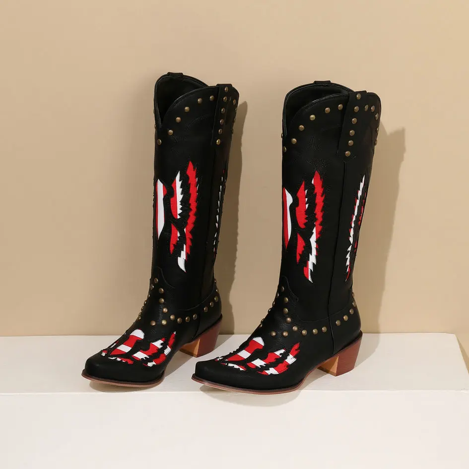 Women's Cowboy Boots Retro Western Boots Mid Calf Rivets Decor Pointed Toe Comfy Chunky Med Heels Shoes 2024 New Plus Size 10.5