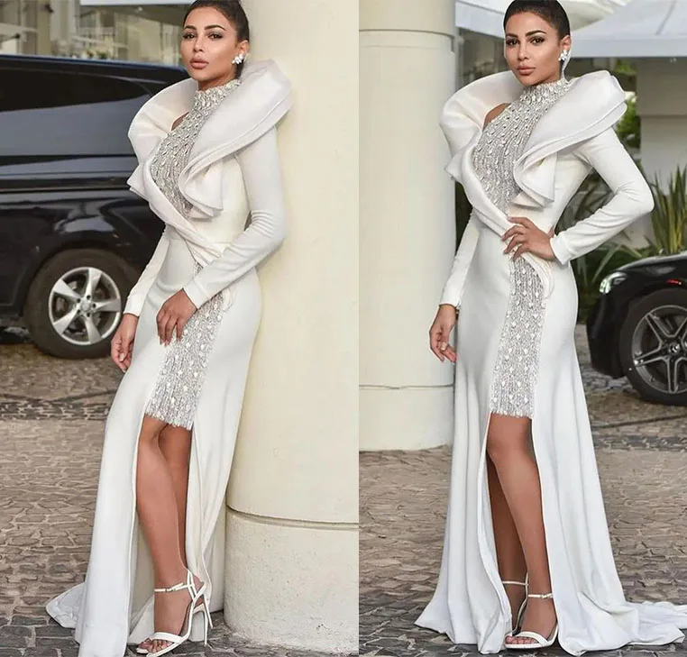 

Элегантные белые вечерние платья с высоким воротником и длинными рукавами, платья для выпускного вечера с оборками на заказ