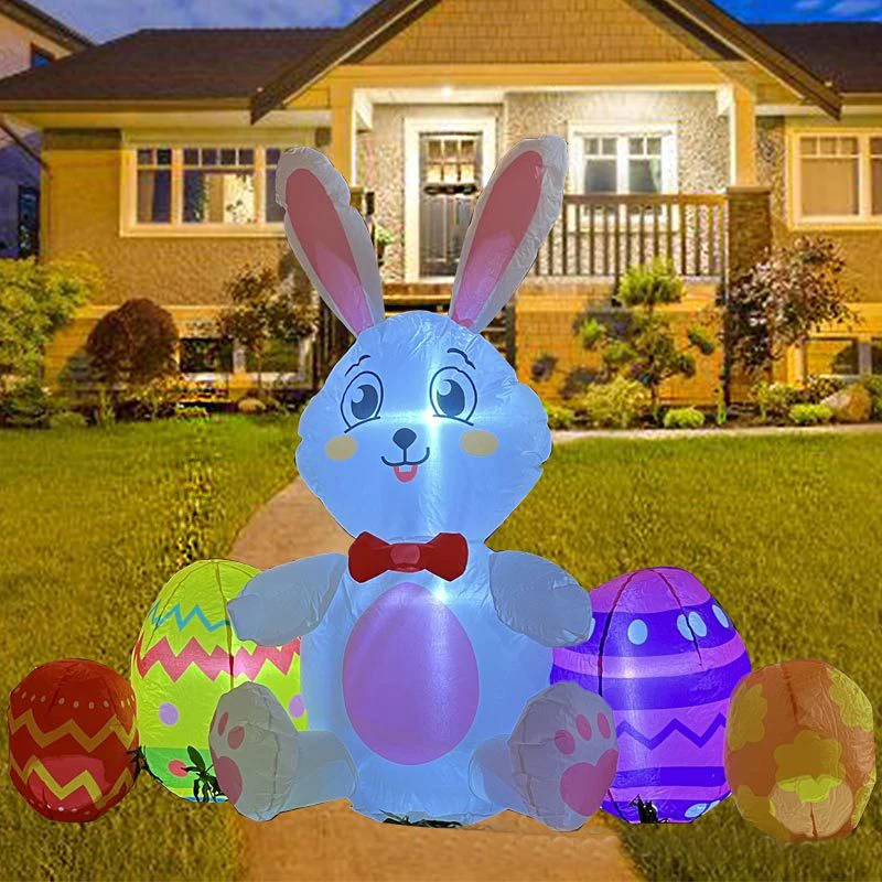 4FT Easter Inflatables Decorations Bunny with Eggs Build-in LED Lights Holiday Blow Up Yard Decoration Easter Holiday Party Toys