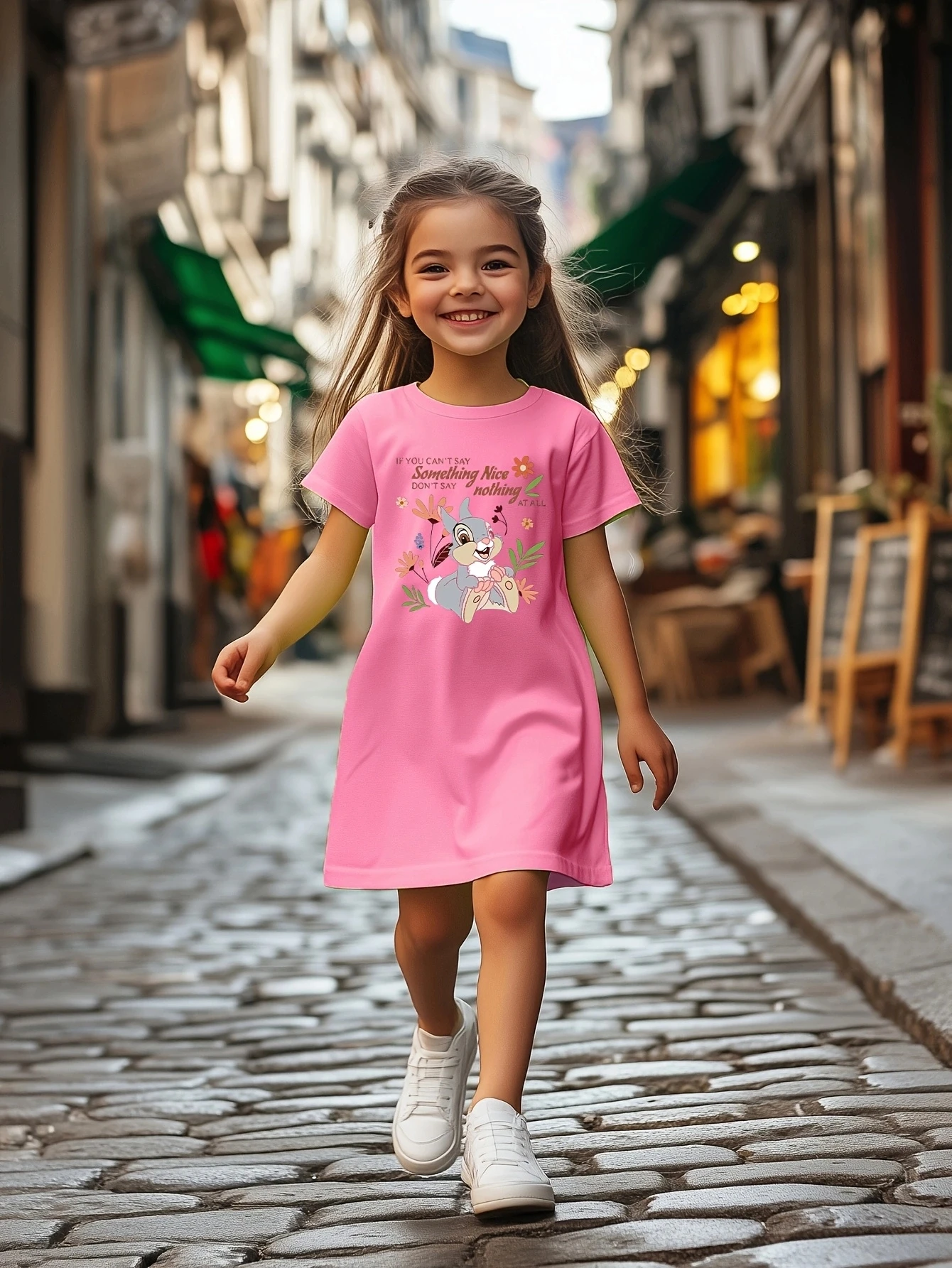 Cute summer fashion cartoon printed casual dress for girls, soft, breathable, and elastic polyester fiber blend dress