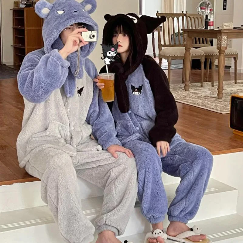 

Sanrioed Kuromi Baku мультфильм кавайная девушка Сердце Пара кораллового флиса Толстая Пижама комплект супер милый высокой лицевой ценности теплая домашняя одежда
