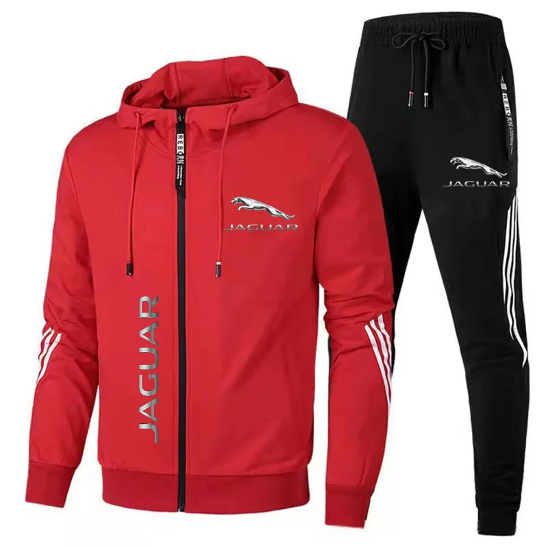 Jaguar 2023 New Men's Sportswear Jaguar Logo Printed Hooded Sweatshirt+Pants Casual Fit Running Fitness Men's Sportswear