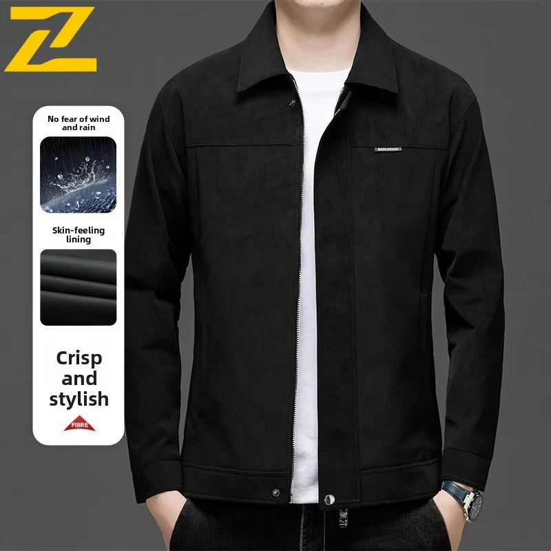 Men's Suede-Fleece Work Jacket Business-Casual Notch Lapel Coat with Premium Texture for Senior Gentlemen Daily Office Attire