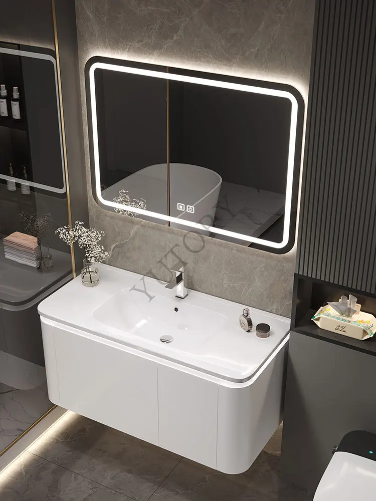 Light luxury solid wood ceramic integrated basin smart bathroom cabinet combination washbasin toilet washstand