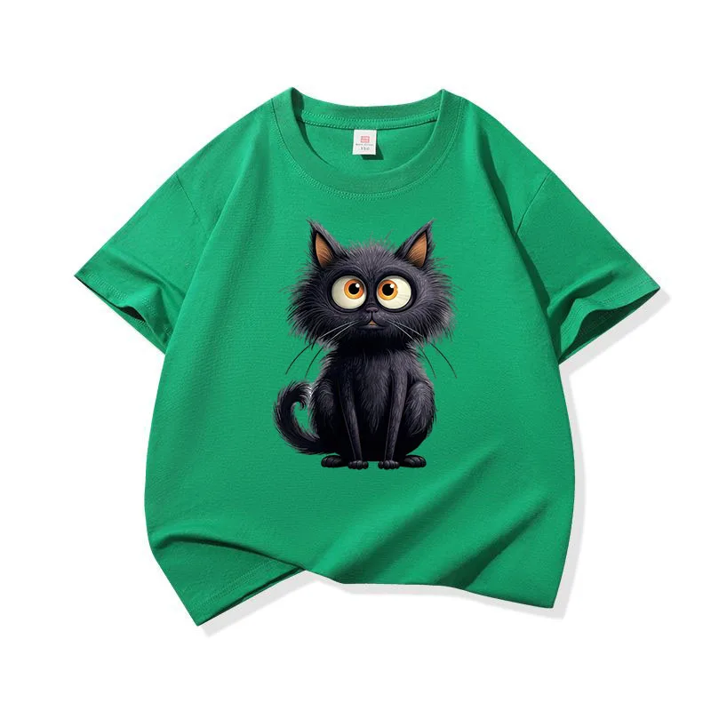 Adorable Black Cat Graphic Kids' Cotton Tee - Soft, Breathable Short Sleeve Shirt