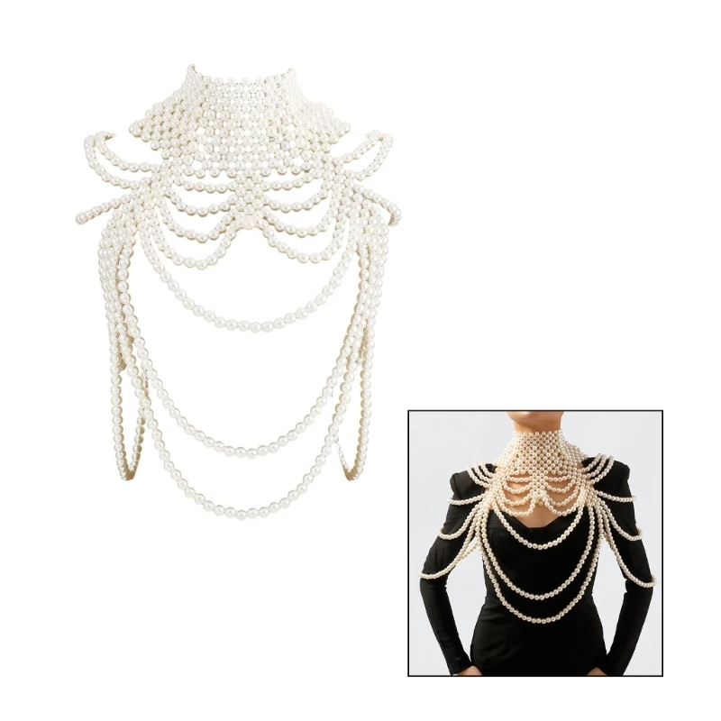 

White Color Pearl Shawl Necklace Shinning Body Chains with Delicate Pearl Body Jewelry Accessories for Woman and Girls