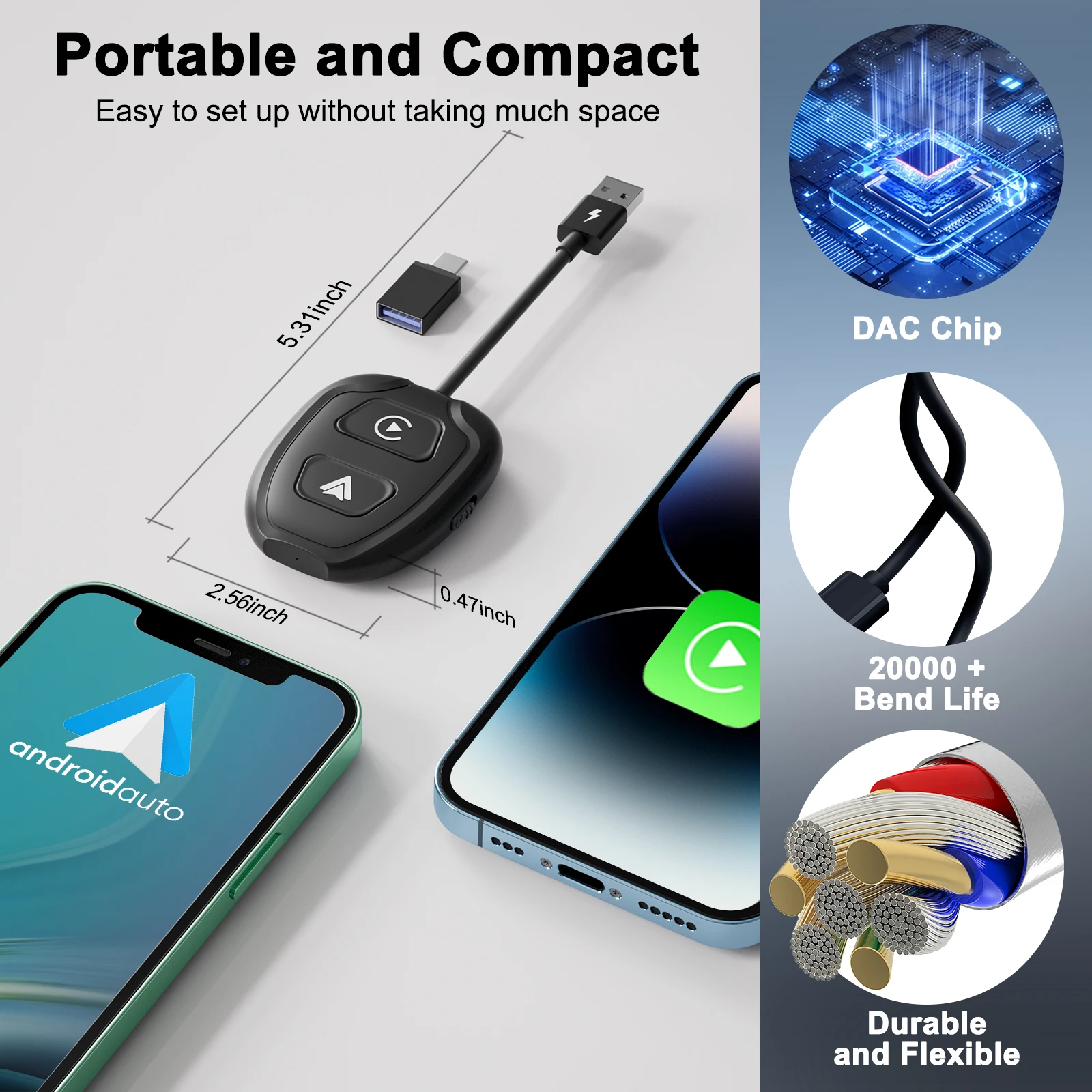 Wireless Android Auto & Apple CarPlay 2 in 1 Adapter 5.8 GHz For Factory Wired CarPlay Cars