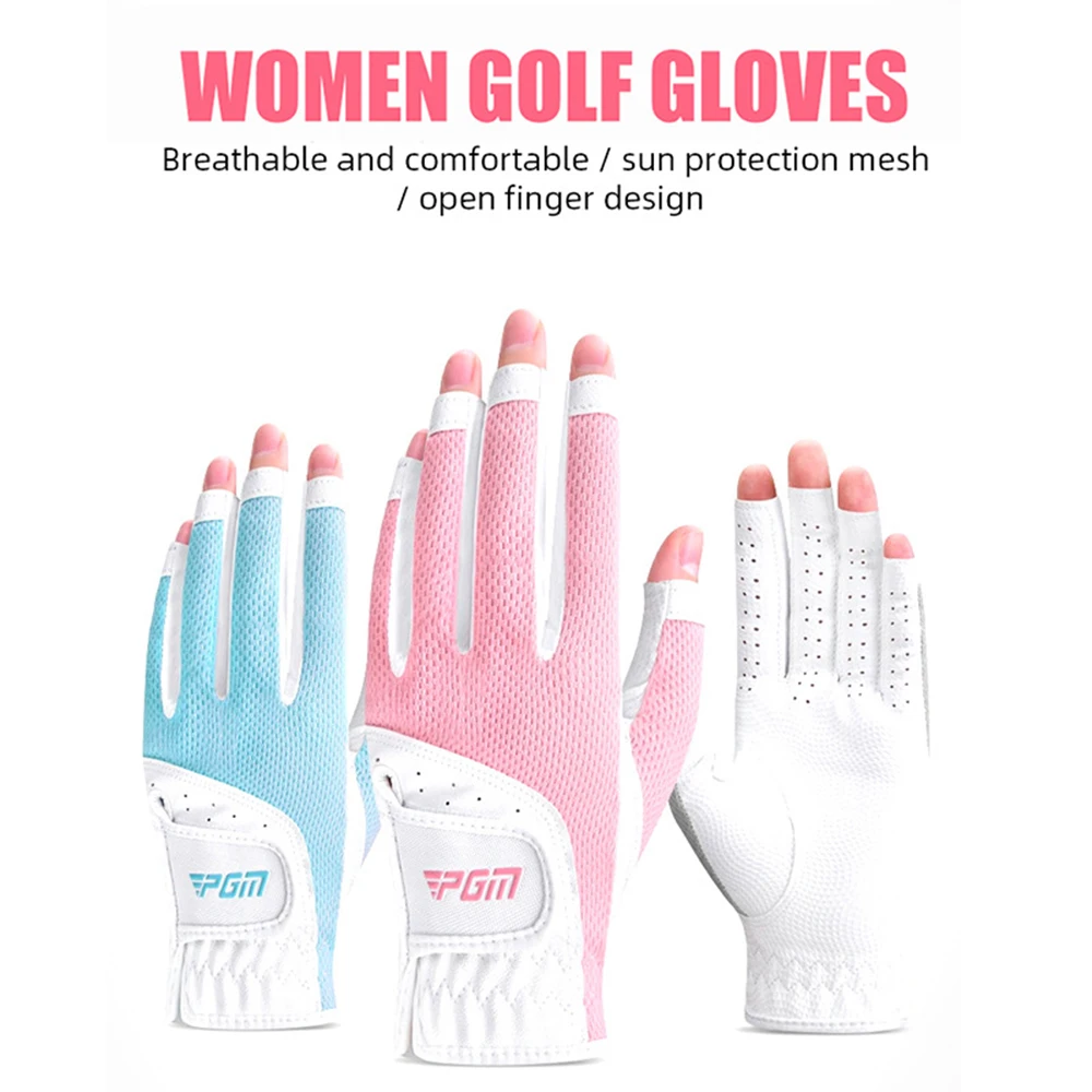 PGM Women's Open Finger Golf Gloves Adjustables Breathable Mesh PU Sunscreen Finger Cover Golfs Accessories For Golfs Lovers